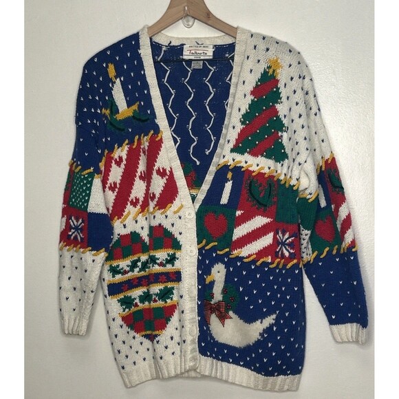 Vintage Talbots X Izod Hand Knit Christmas Sweater Cotton Cardigan Duck Cardigan - Picture 1 of 3